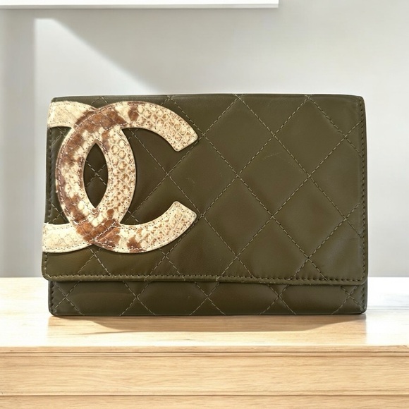 Authentic CHANEL Python Cambon Olive Green & Beige Snake Quilted Leather Wallet